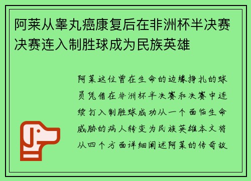 阿莱从睾丸癌康复后在非洲杯半决赛决赛连入制胜球成为民族英雄 阿莱从睾丸癌康复后在非洲杯半决赛决赛连入制胜球成为民族英雄